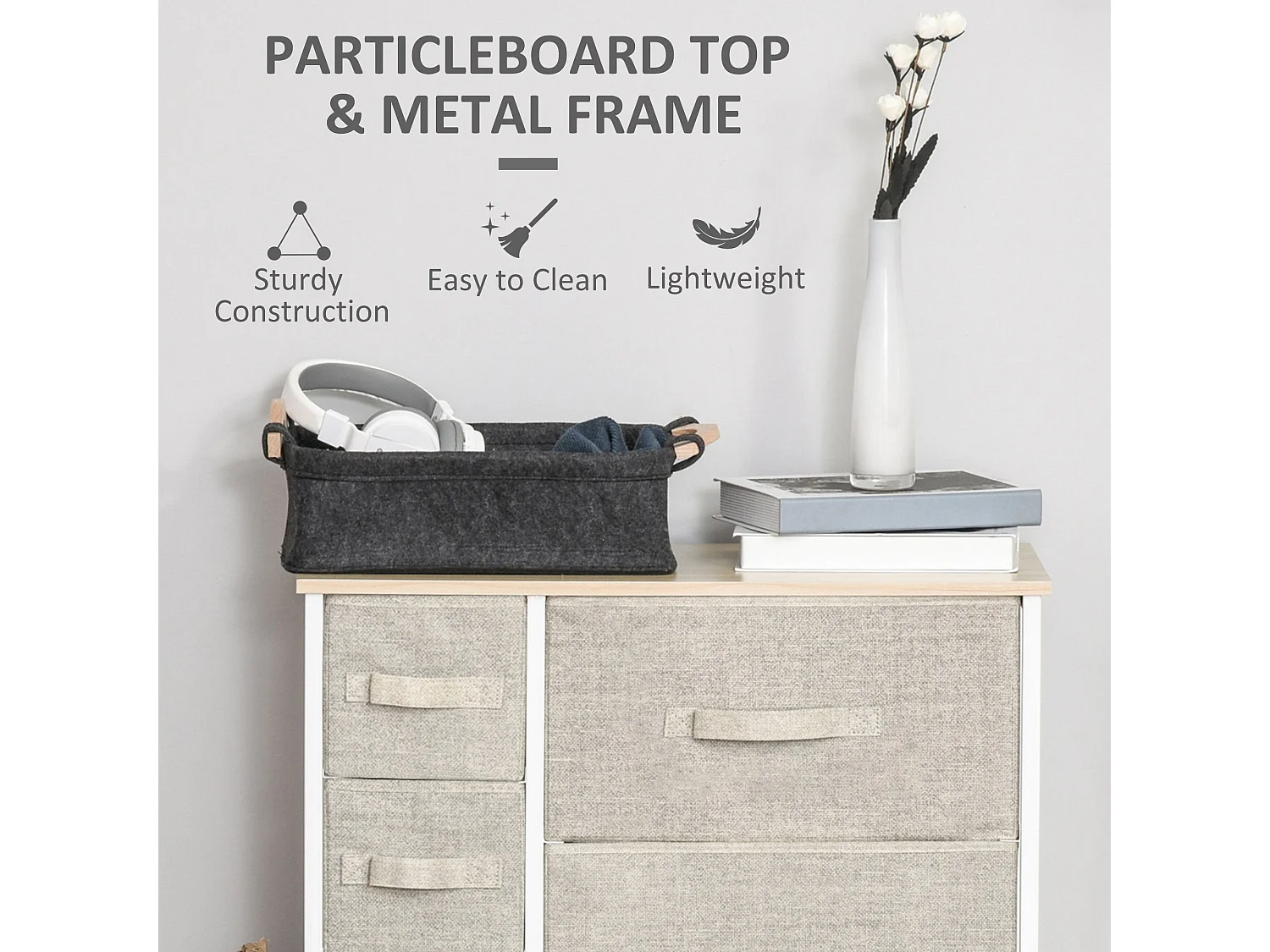 Lireta 7 Drawer Storage Chest White Metal Light Grey Fabric Oak Top