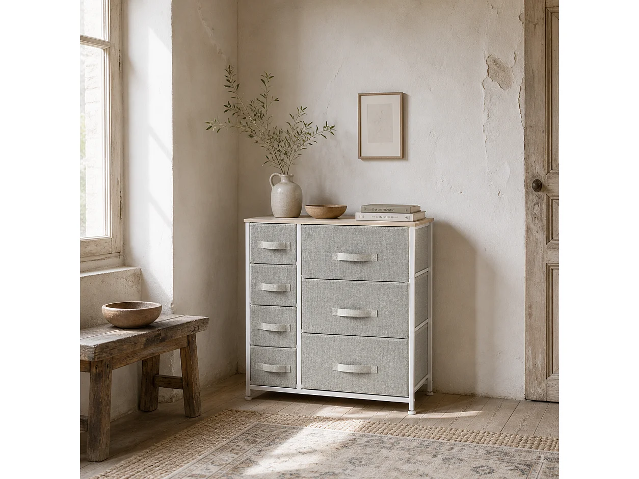 Lireta 7 Drawer Storage Chest White Metal Light Grey Fabric Oak Top