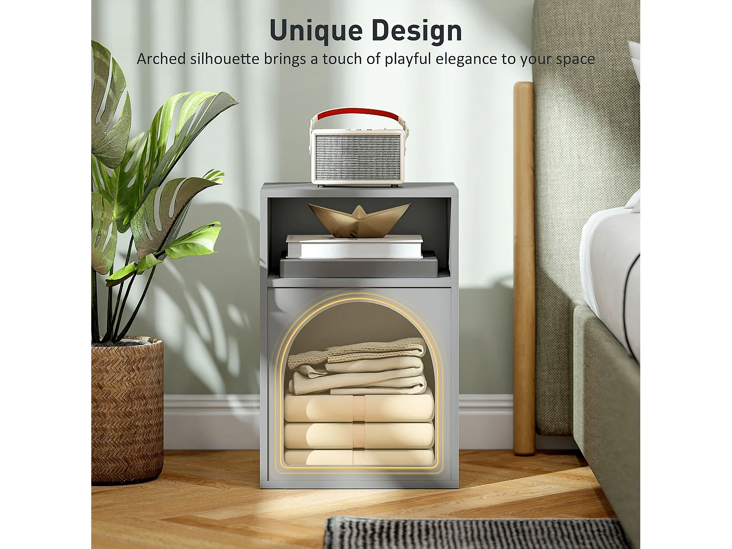 Sarayo Faco Grey Bedside Table 2 Open Compartments Arched MDF Design