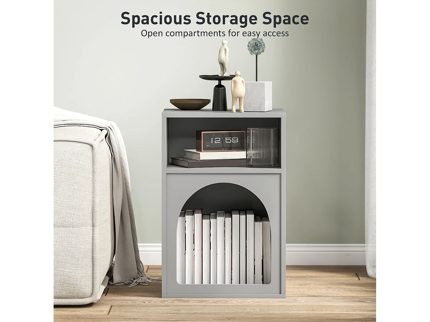 Sarayo Faco Grey Bedside Table 2 Open Compartments Arched MDF Design
