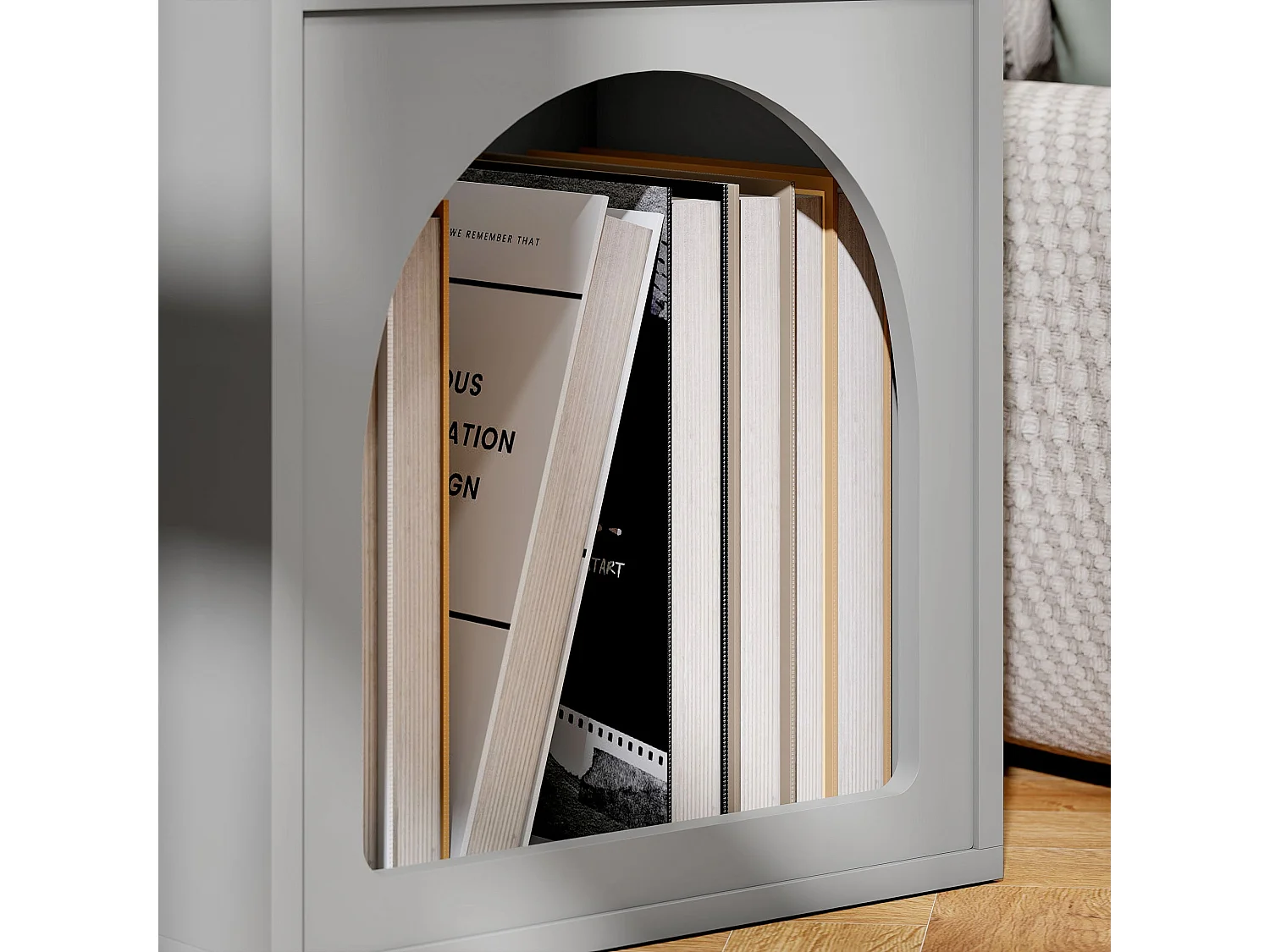 Sarayo Faco Grey Bedside Table 2 Open Compartments Arched MDF Design