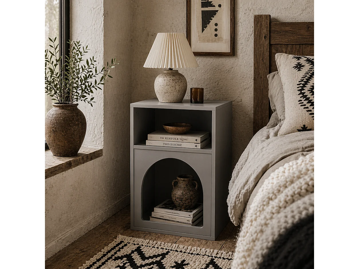Sarayo Faco Grey Bedside Table 2 Open Compartments Arched MDF Design