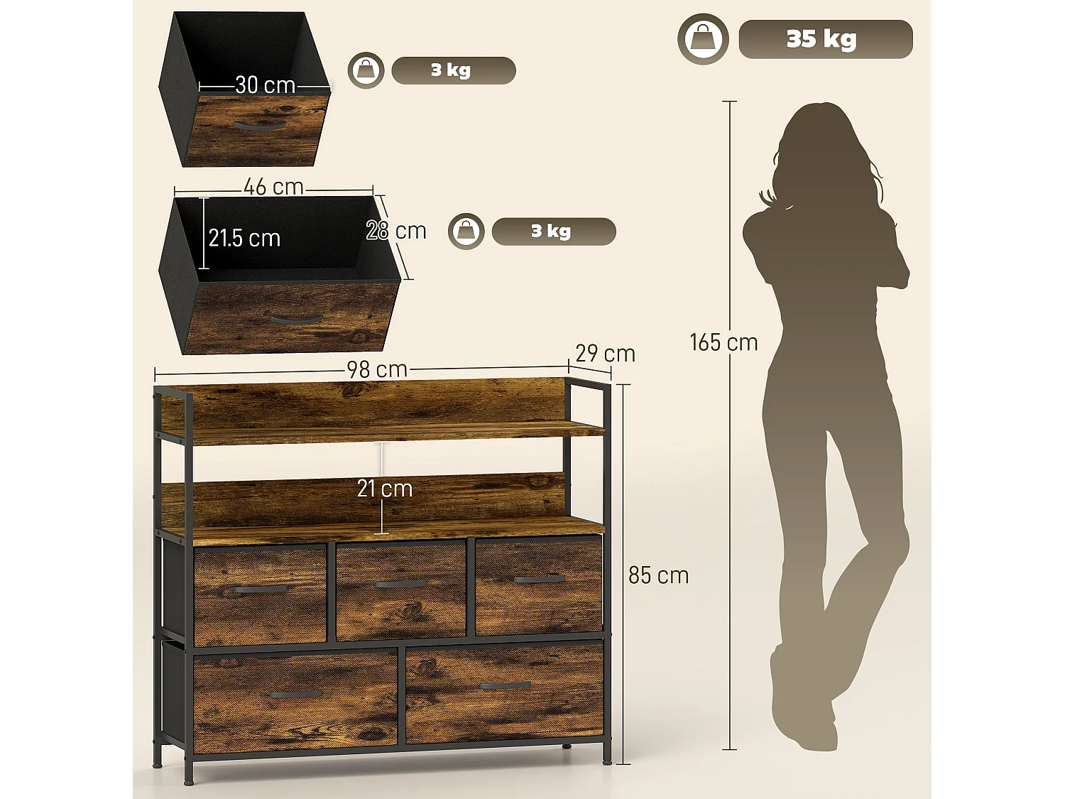 Yoyota Rustic Brown Fabric and Wood 5 Drawer Storage Chest