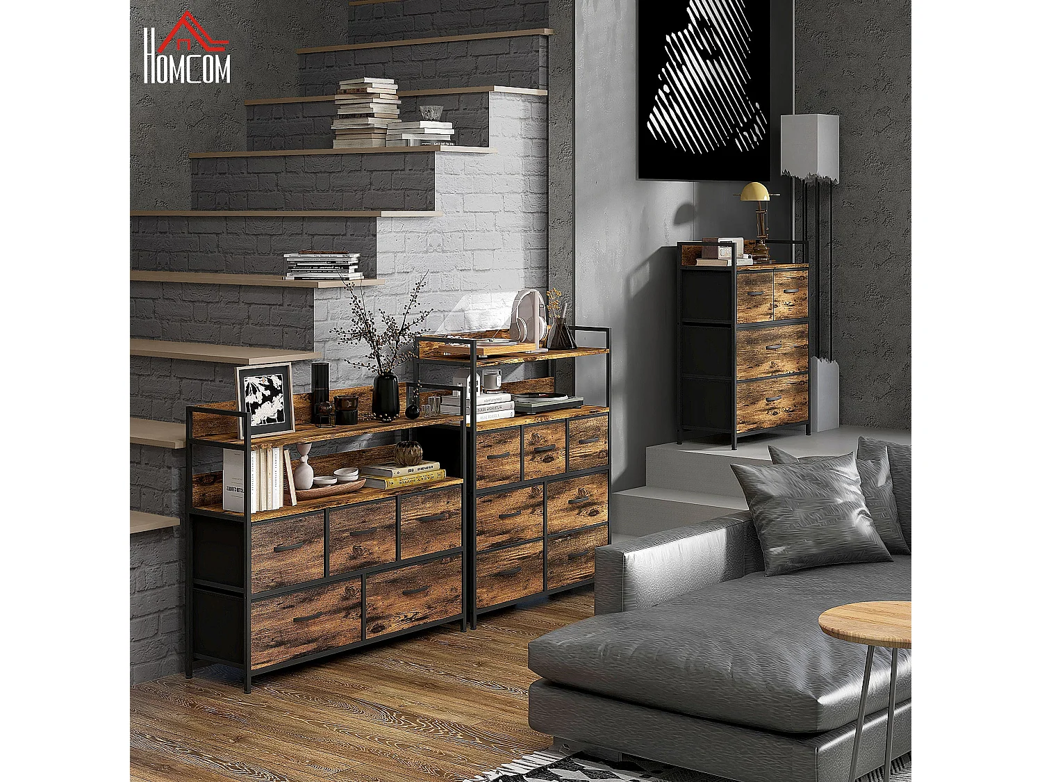 Yoyota Rustic Brown Fabric and Wood 5 Drawer Storage Chest