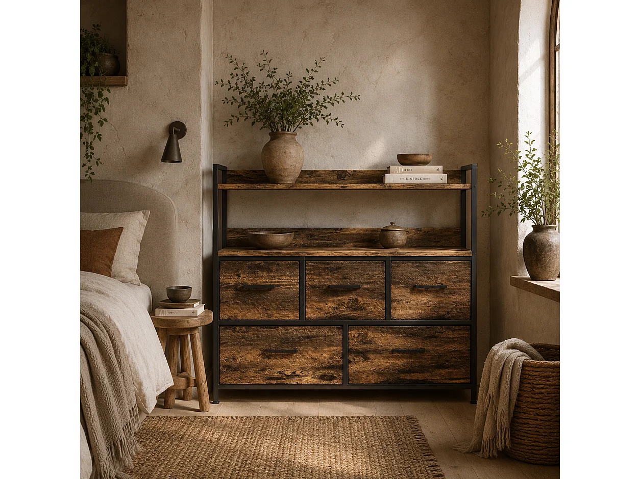 Yoyota Rustic Brown Fabric and Wood 5 Drawer Storage Chest