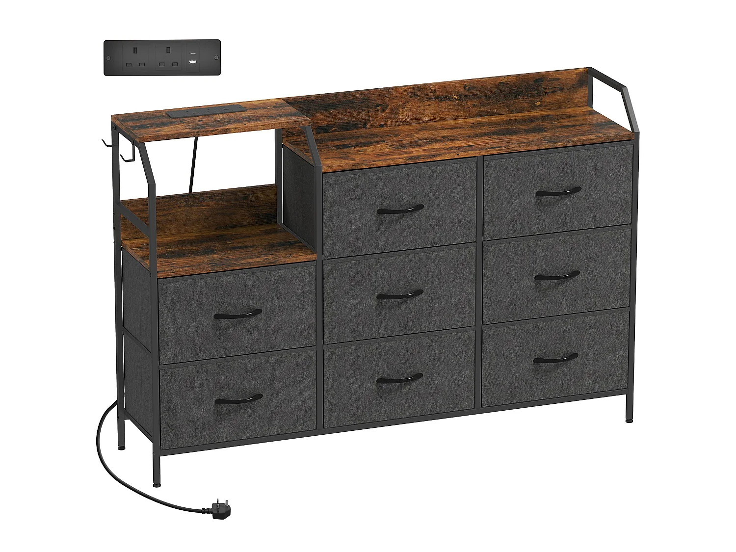 8 Drawer Metal and Wood Storage Chest with Integrated Charging Station