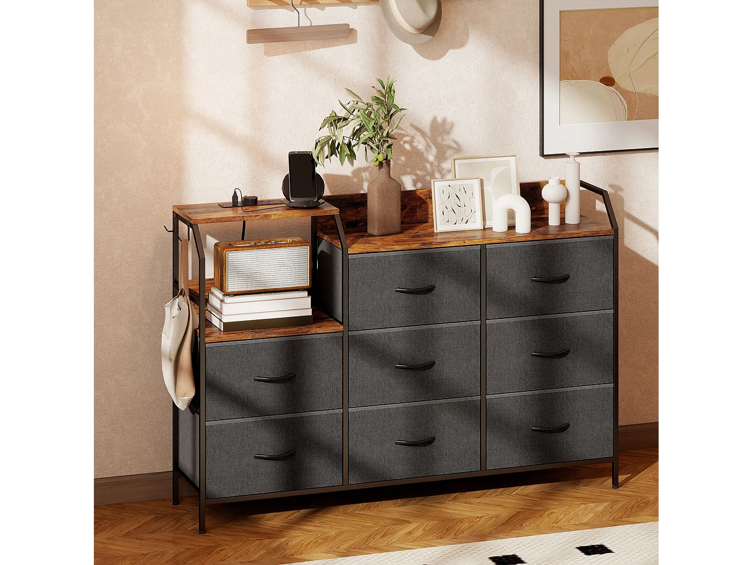 8 Drawer Metal and Wood Storage Chest with Integrated Charging Station