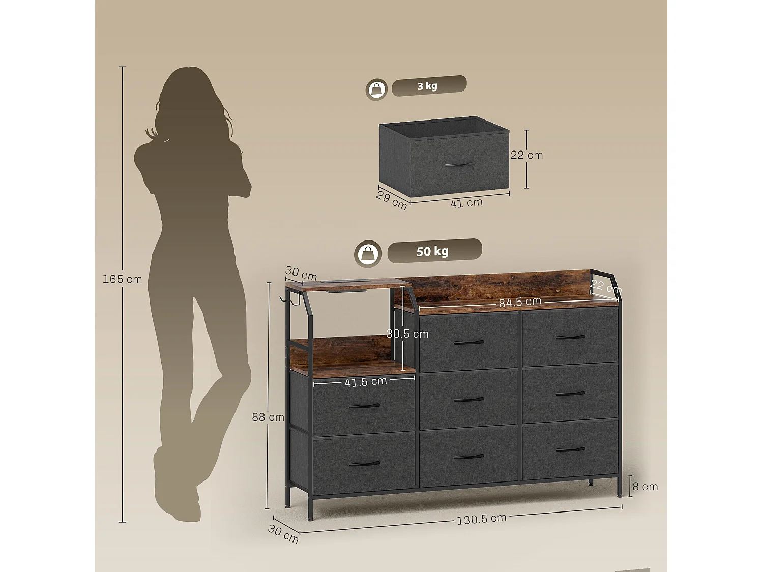 8 Drawer Metal and Wood Storage Chest with Integrated Charging Station