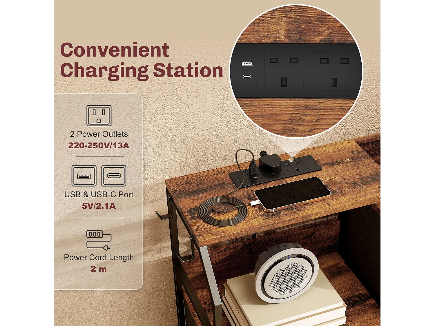 8 Drawer Metal and Wood Storage Chest with Integrated Charging Station