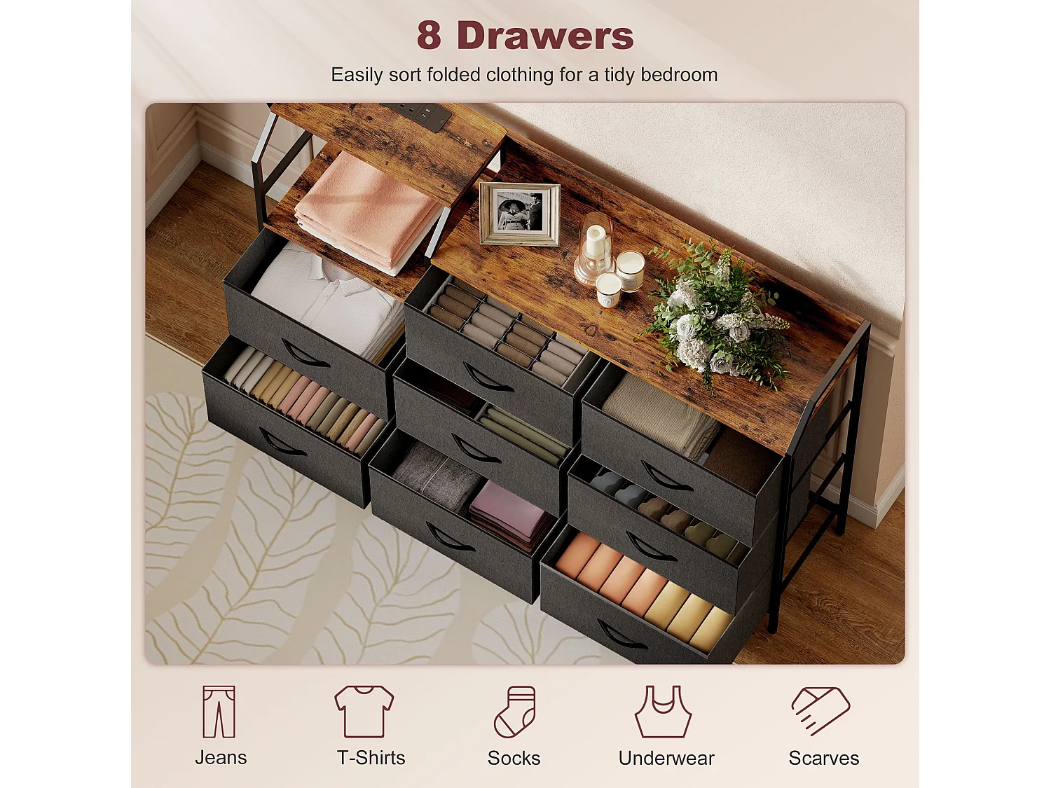 8 Drawer Metal and Wood Storage Chest with Integrated Charging Station