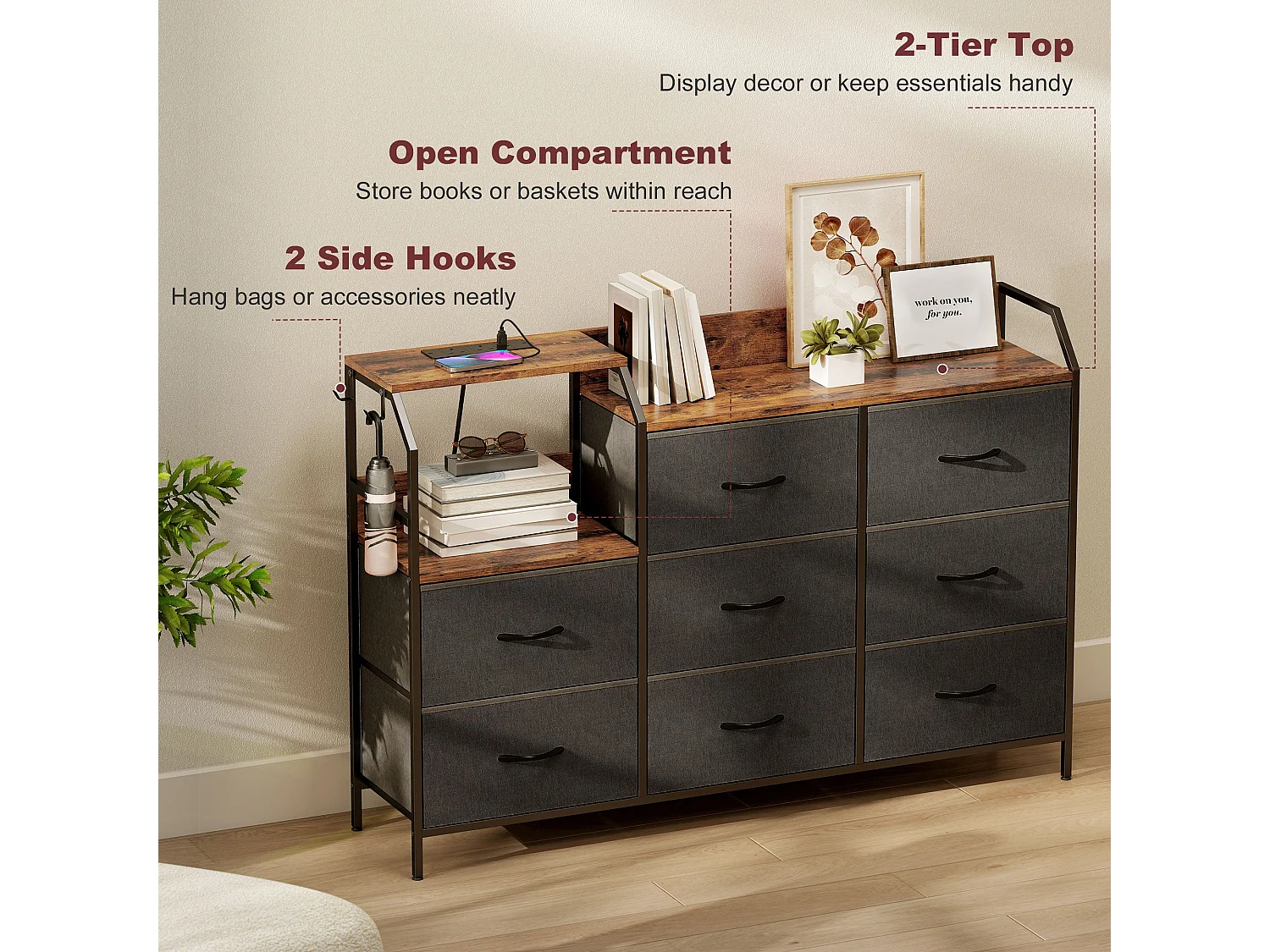 8 Drawer Metal and Wood Storage Chest with Integrated Charging Station
