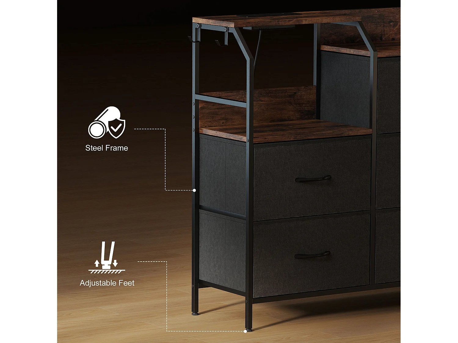 8 Drawer Metal and Wood Storage Chest with Integrated Charging Station