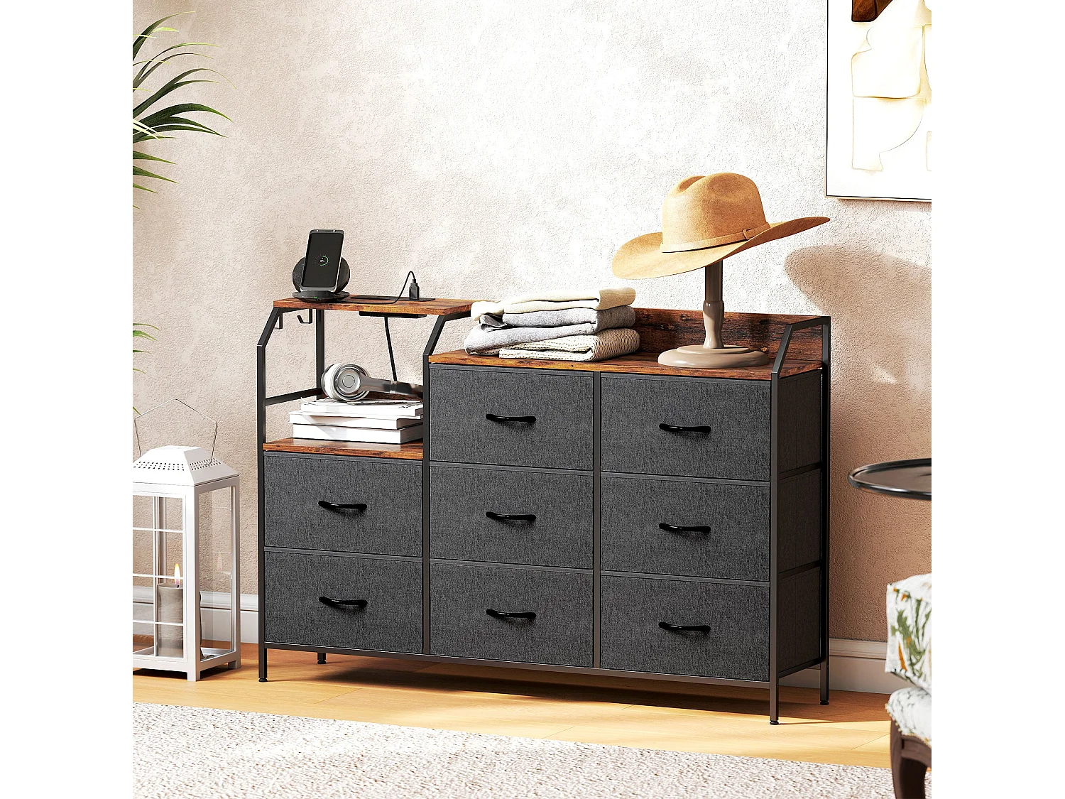 8 Drawer Metal and Wood Storage Chest with Integrated Charging Station