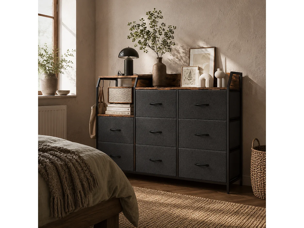 8 Drawer Metal and Wood Storage Chest with Integrated Charging Station