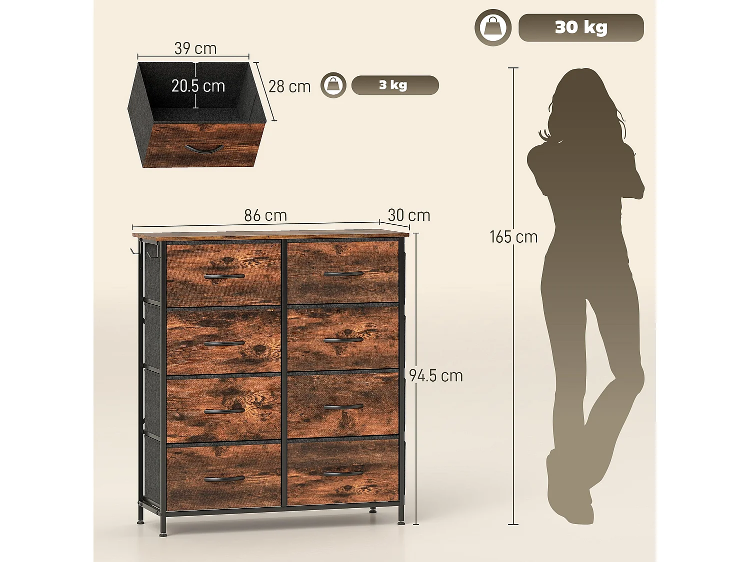 Nive 8 Drawer Rustic Brown Fabric and Metal Storage Chest