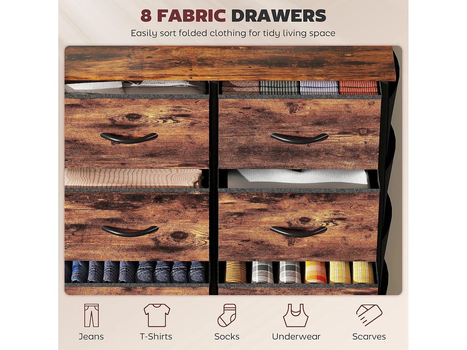 Nive 8 Drawer Rustic Brown Fabric and Metal Storage Chest