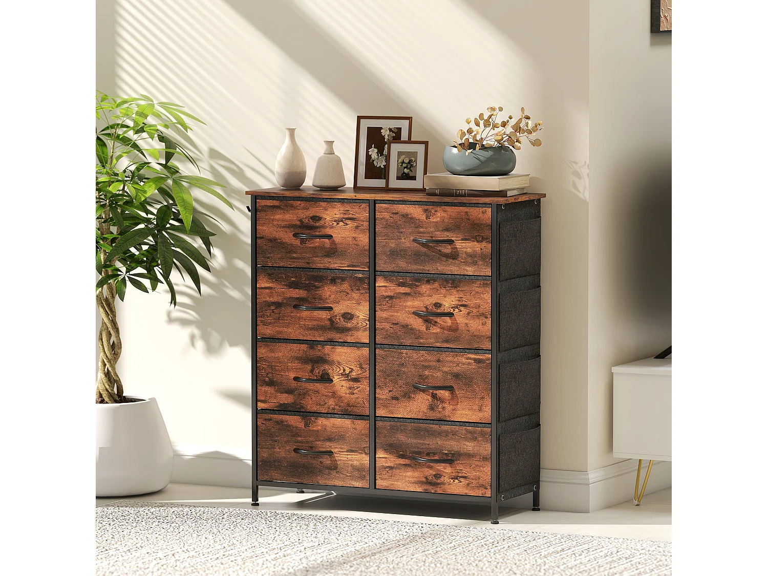 Nive 8 Drawer Rustic Brown Fabric and Metal Storage Chest