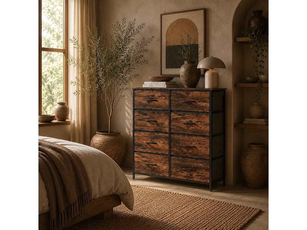 Nive 8 Drawer Rustic Brown Fabric and Metal Storage Chest