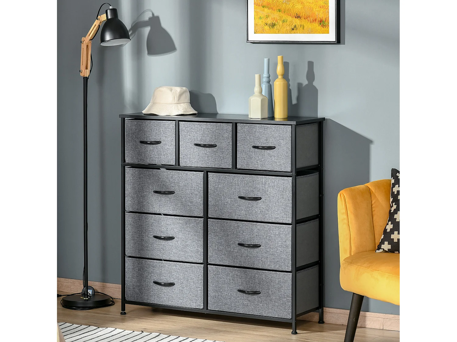 Molisa 9 Drawer Fabric Dresser Black and Grey Metal Frame