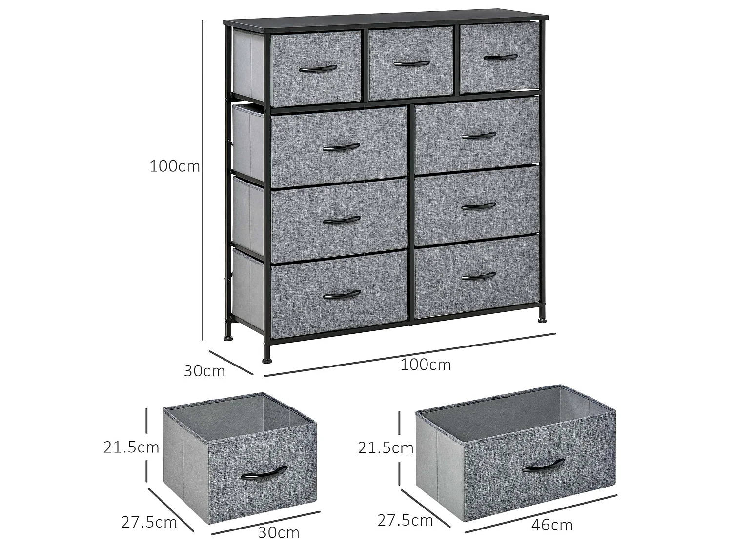 Molisa 9 Drawer Fabric Dresser Black and Grey Metal Frame