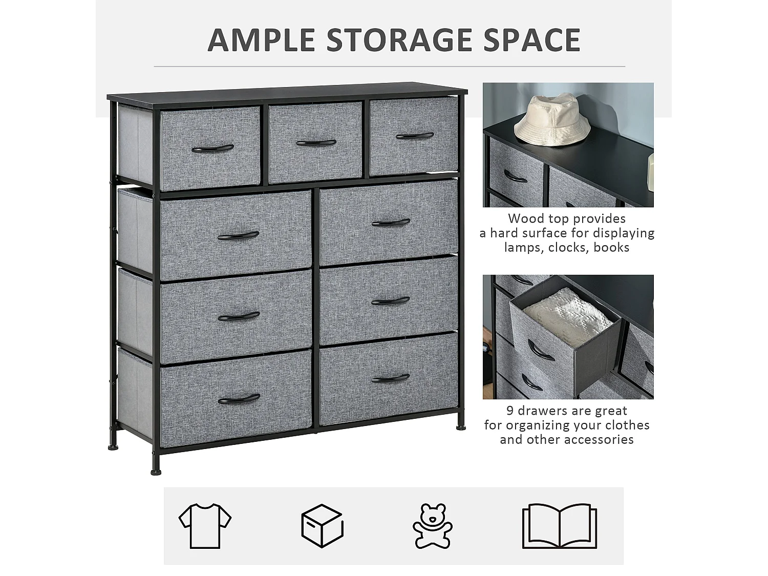 Molisa 9 Drawer Fabric Dresser Black and Grey Metal Frame