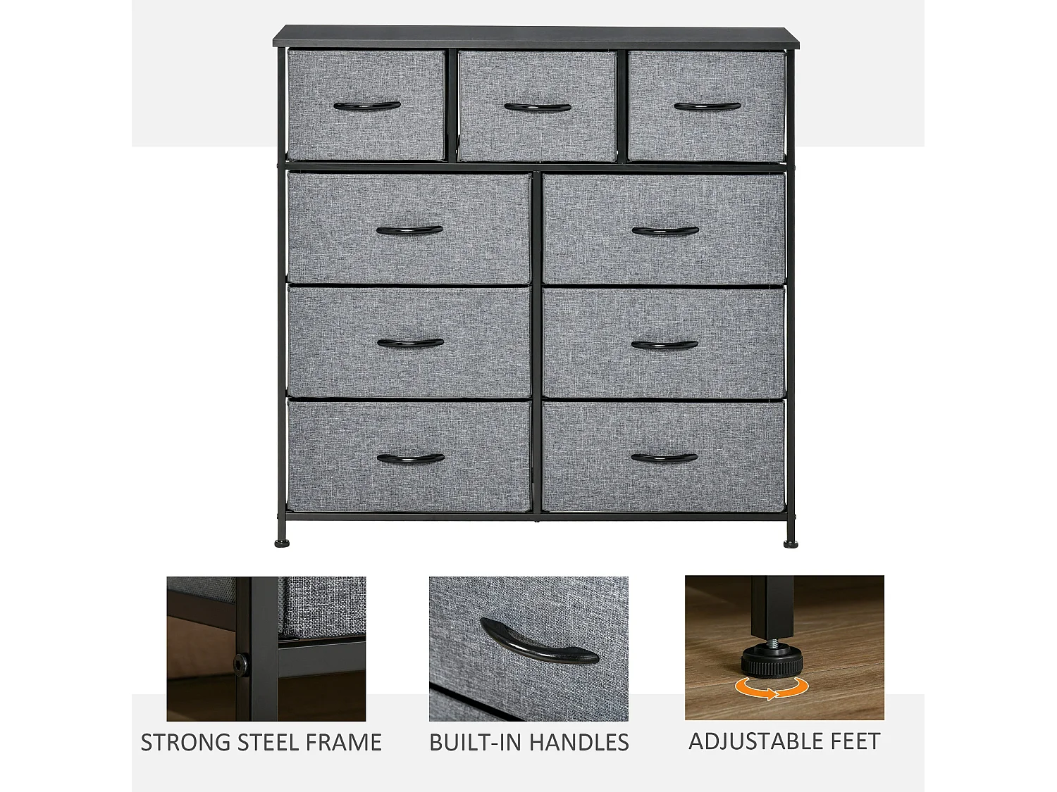 Molisa 9 Drawer Fabric Dresser Black and Grey Metal Frame