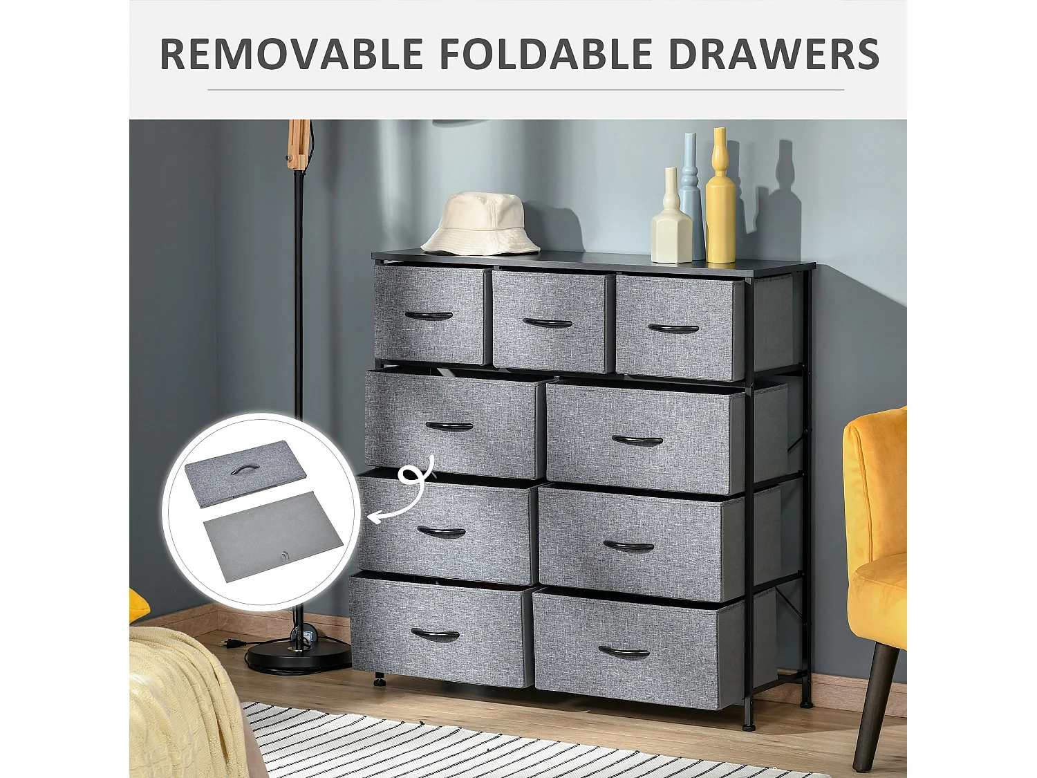Molisa 9 Drawer Fabric Dresser Black and Grey Metal Frame