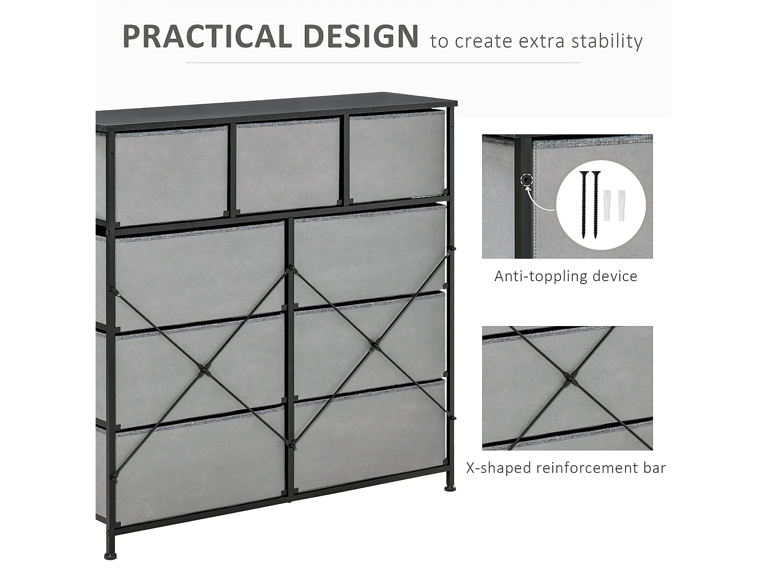 Molisa 9 Drawer Fabric Dresser Black and Grey Metal Frame