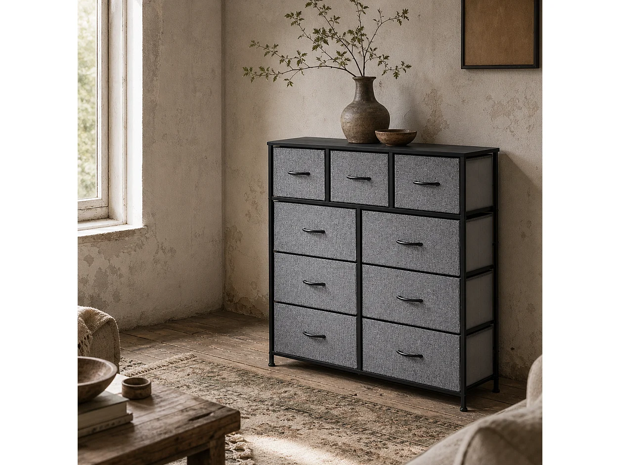 Molisa 9 Drawer Fabric Dresser Black and Grey Metal Frame