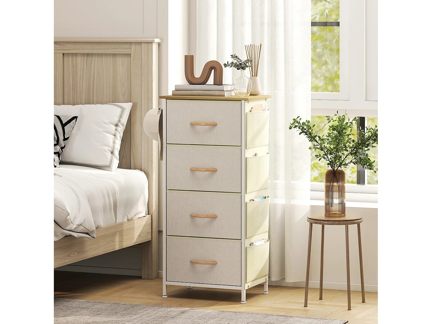 Limi 4 Drawer Fabric and Metal Chest Beige Slim Vertical Storage