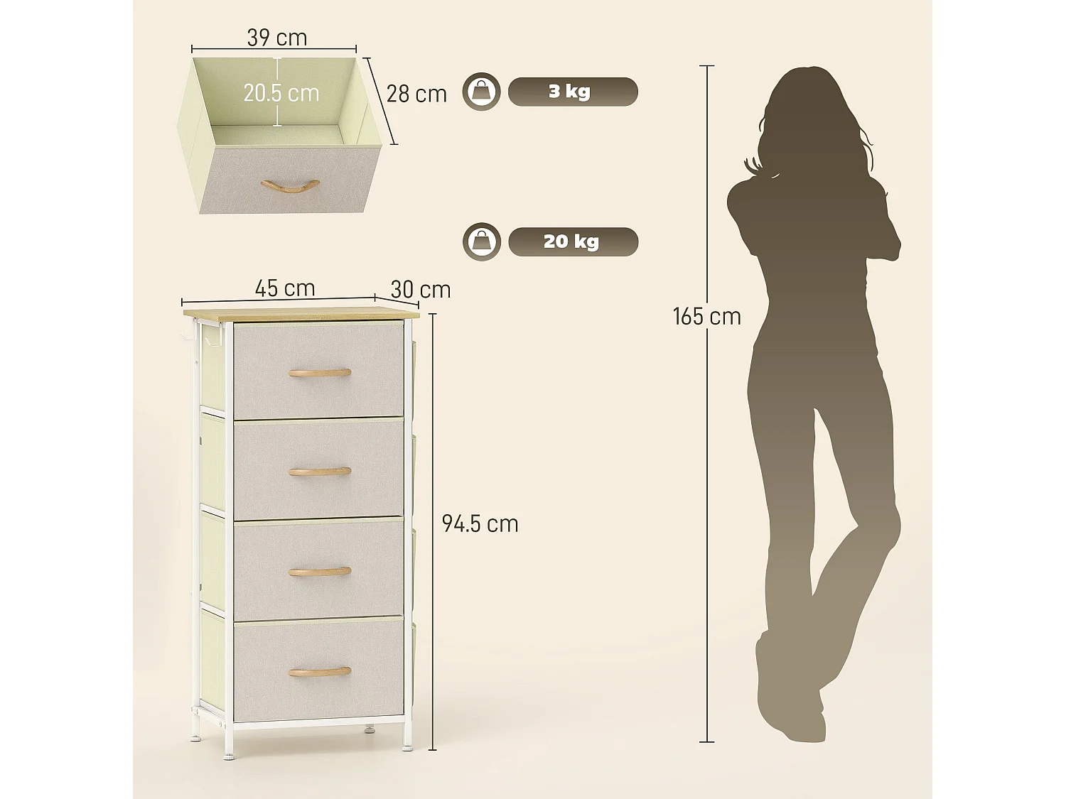 Limi 4 Drawer Fabric and Metal Chest Beige Slim Vertical Storage