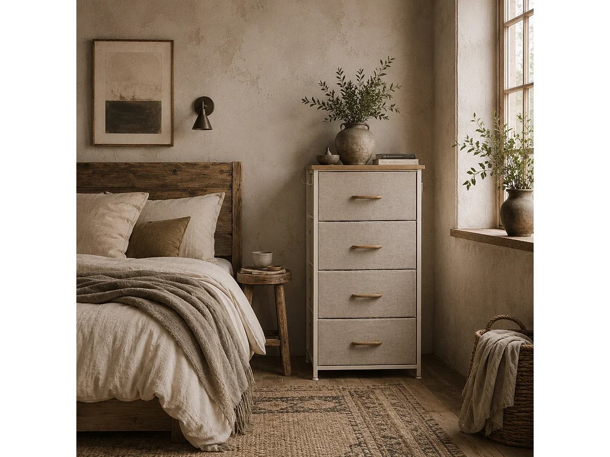 Limi 4 Drawer Fabric and Metal Chest Beige Slim Vertical Storage