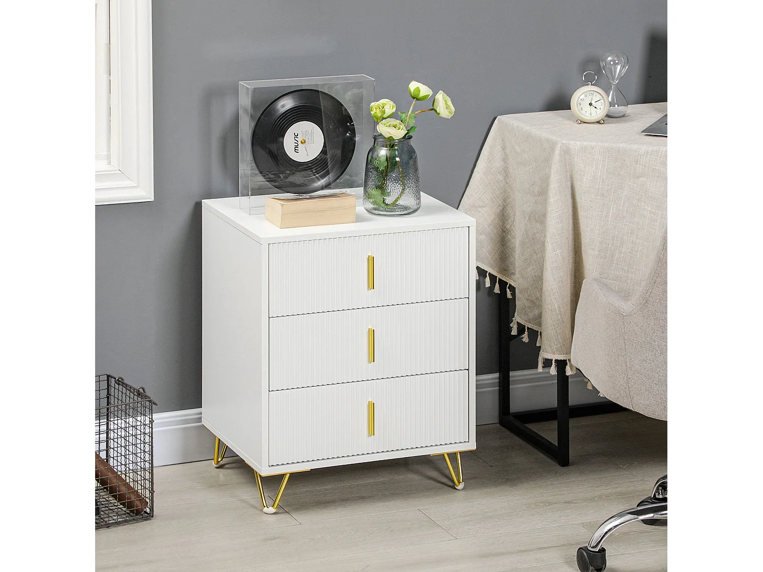 Tempette White and Gold 3 Drawer Ribbed Storage Chest
