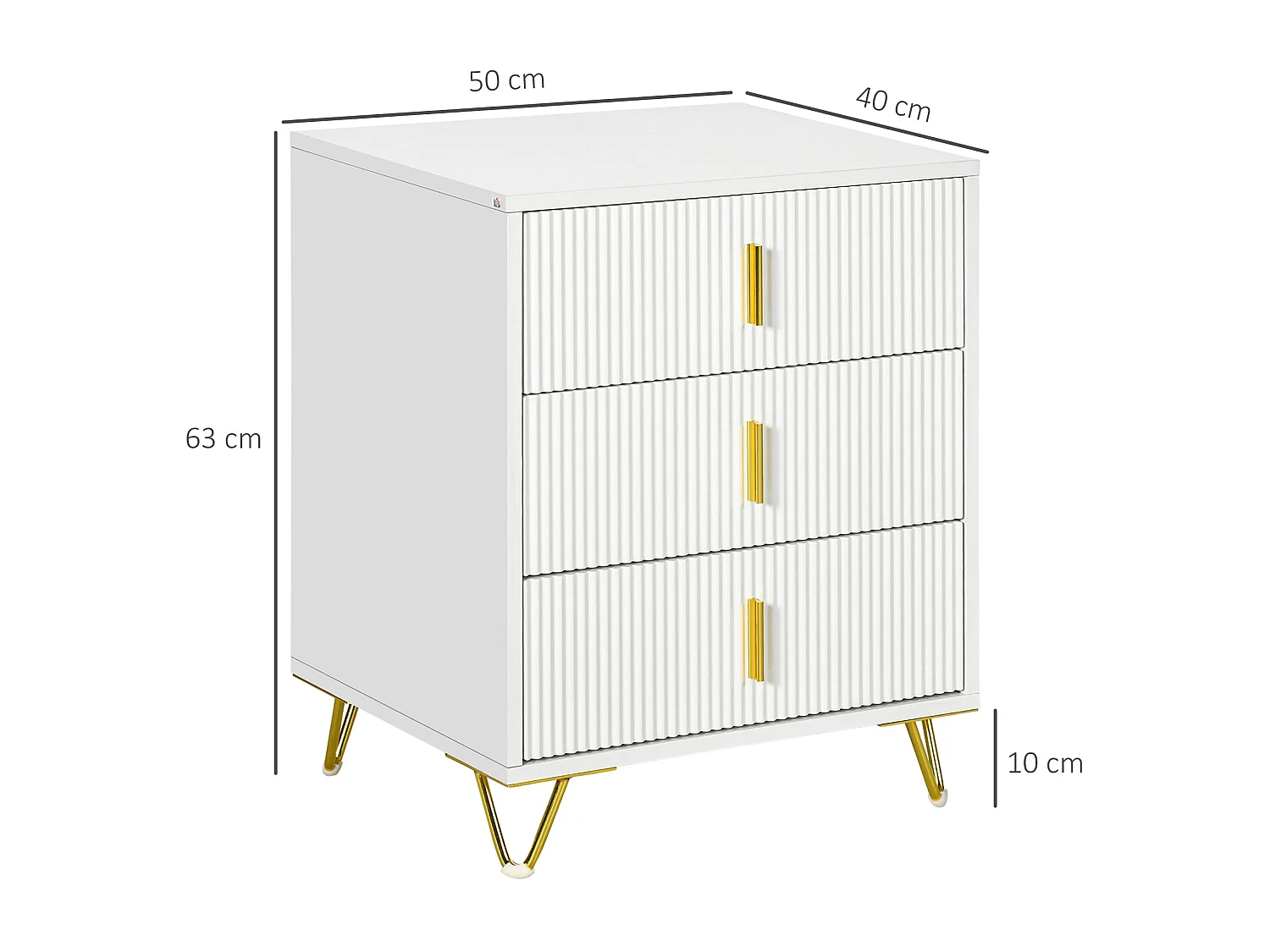 Tempette White and Gold 3 Drawer Ribbed Storage Chest