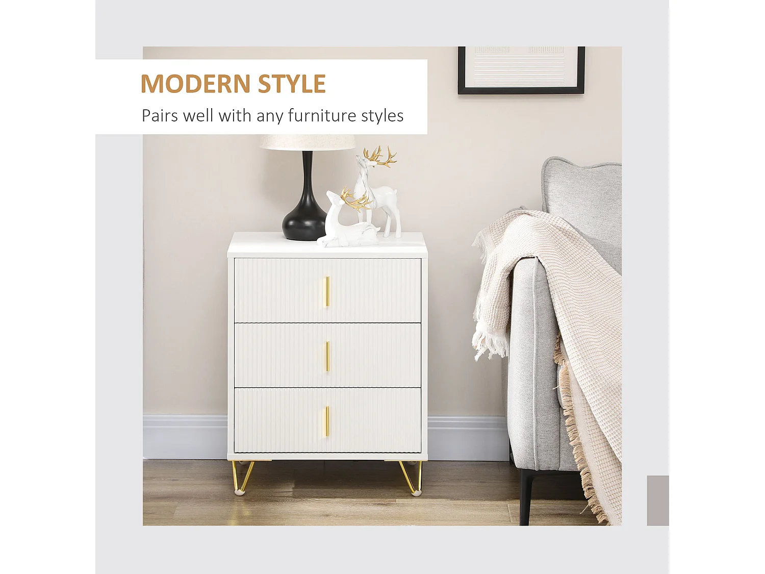 Tempette White and Gold 3 Drawer Ribbed Storage Chest