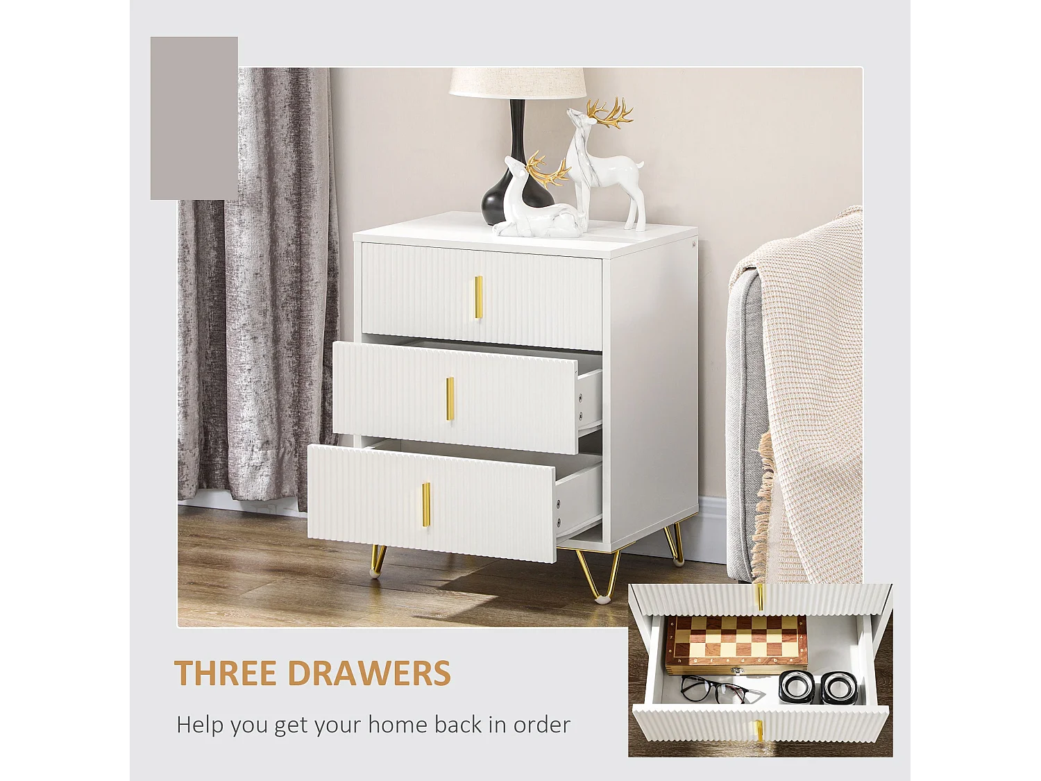 Tempette White and Gold 3 Drawer Ribbed Storage Chest
