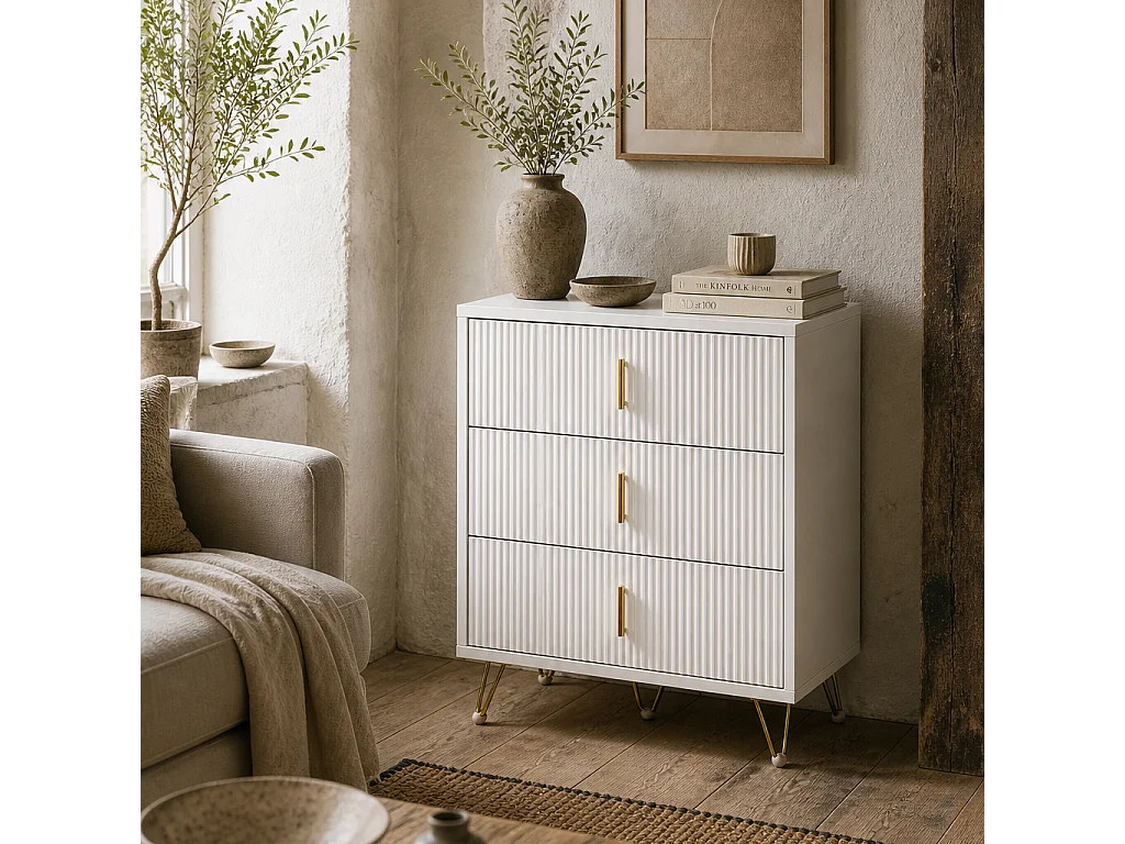 Tempette White and Gold 3 Drawer Ribbed Storage Chest
