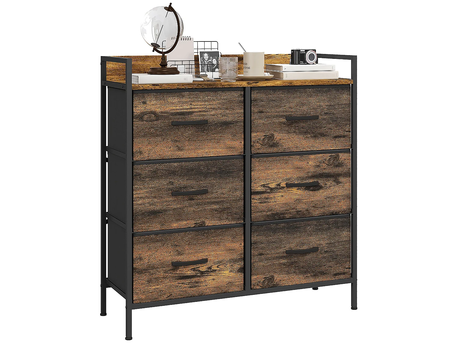 Luve 6 Drawer Rustic Fabric Dresser Brown and Black 79x29x85cm