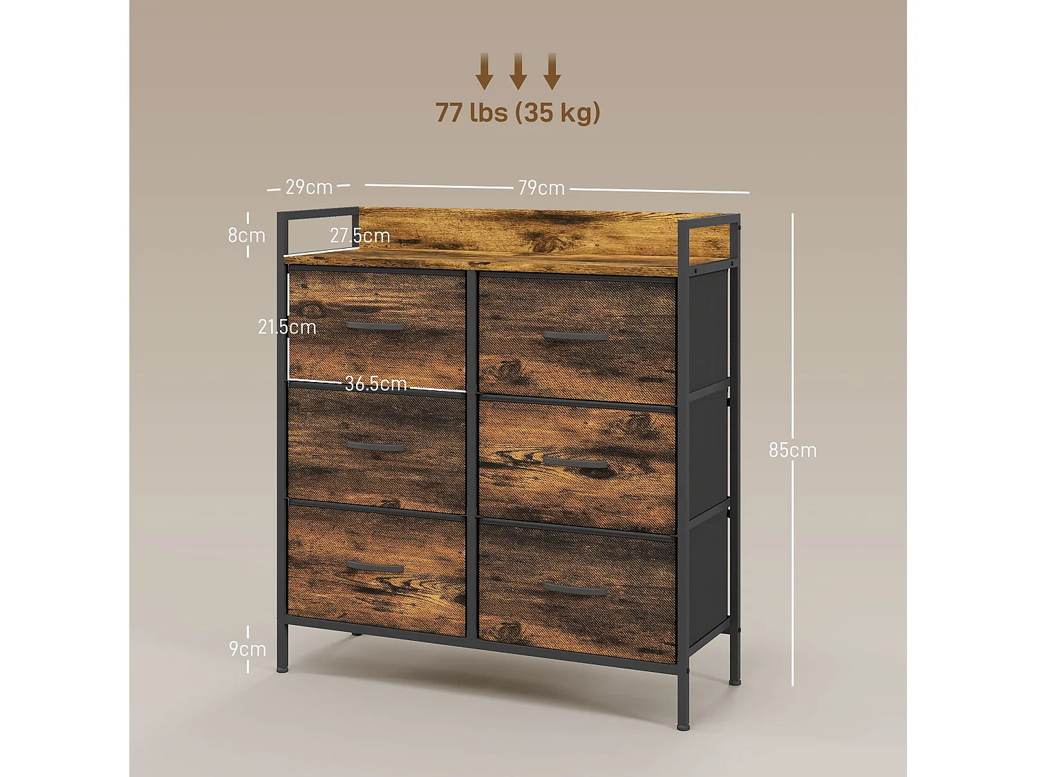 Luve 6 Drawer Rustic Fabric Dresser Brown and Black 79x29x85cm