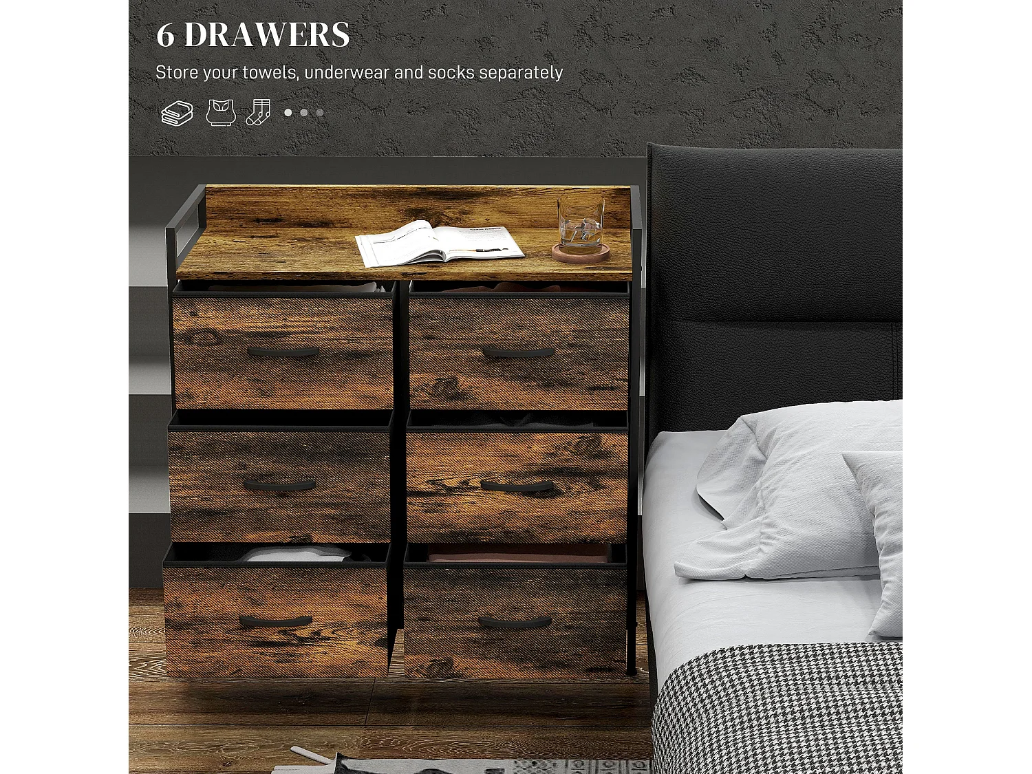Luve 6 Drawer Rustic Fabric Dresser Brown and Black 79x29x85cm