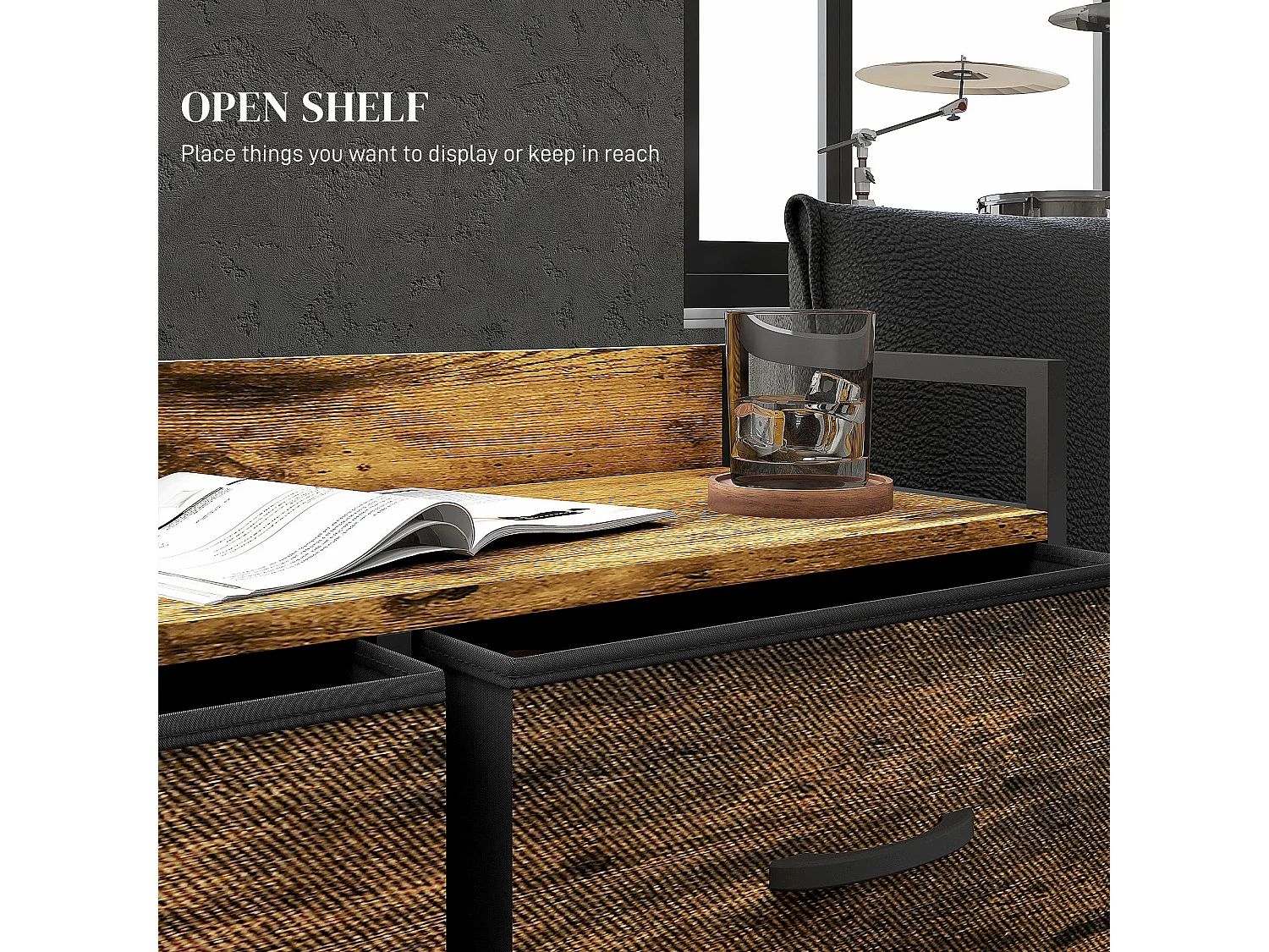 Luve 6 Drawer Rustic Fabric Dresser Brown and Black 79x29x85cm
