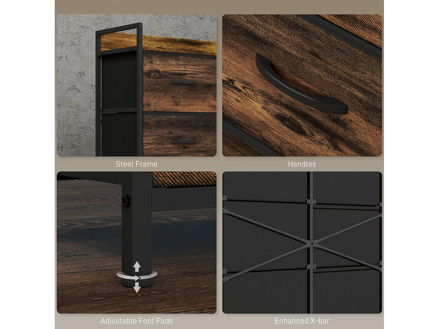 Luve 6 Drawer Rustic Fabric Dresser Brown and Black 79x29x85cm