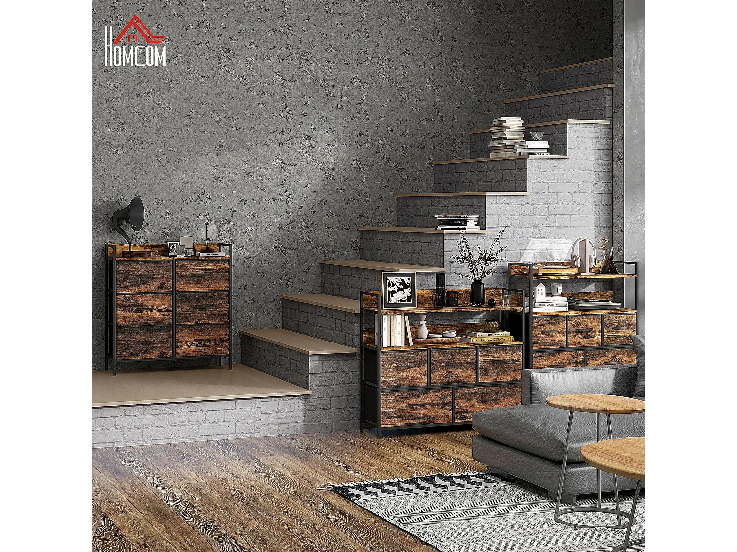 Luve 6 Drawer Rustic Fabric Dresser Brown and Black 79x29x85cm