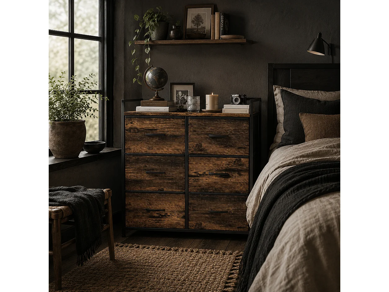 Luve 6 Drawer Rustic Fabric Dresser Brown and Black 79x29x85cm