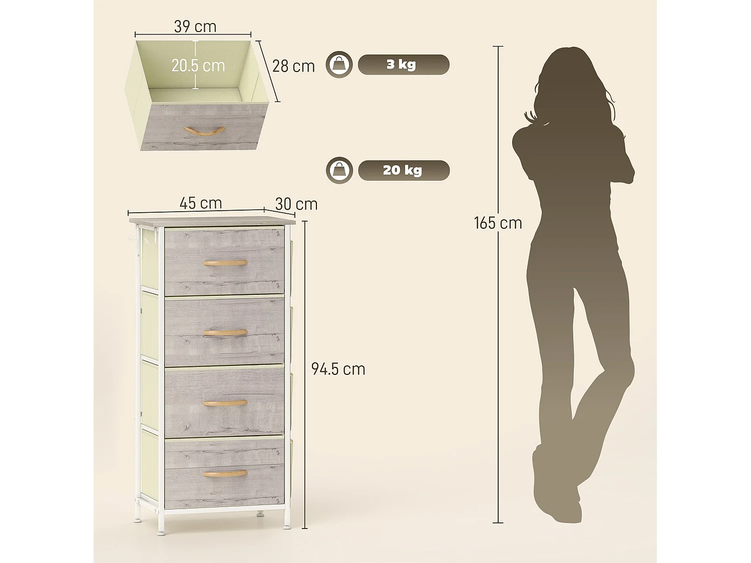 Kosatti 4 Drawer Fabric Storage Chest Natural Wood Finish