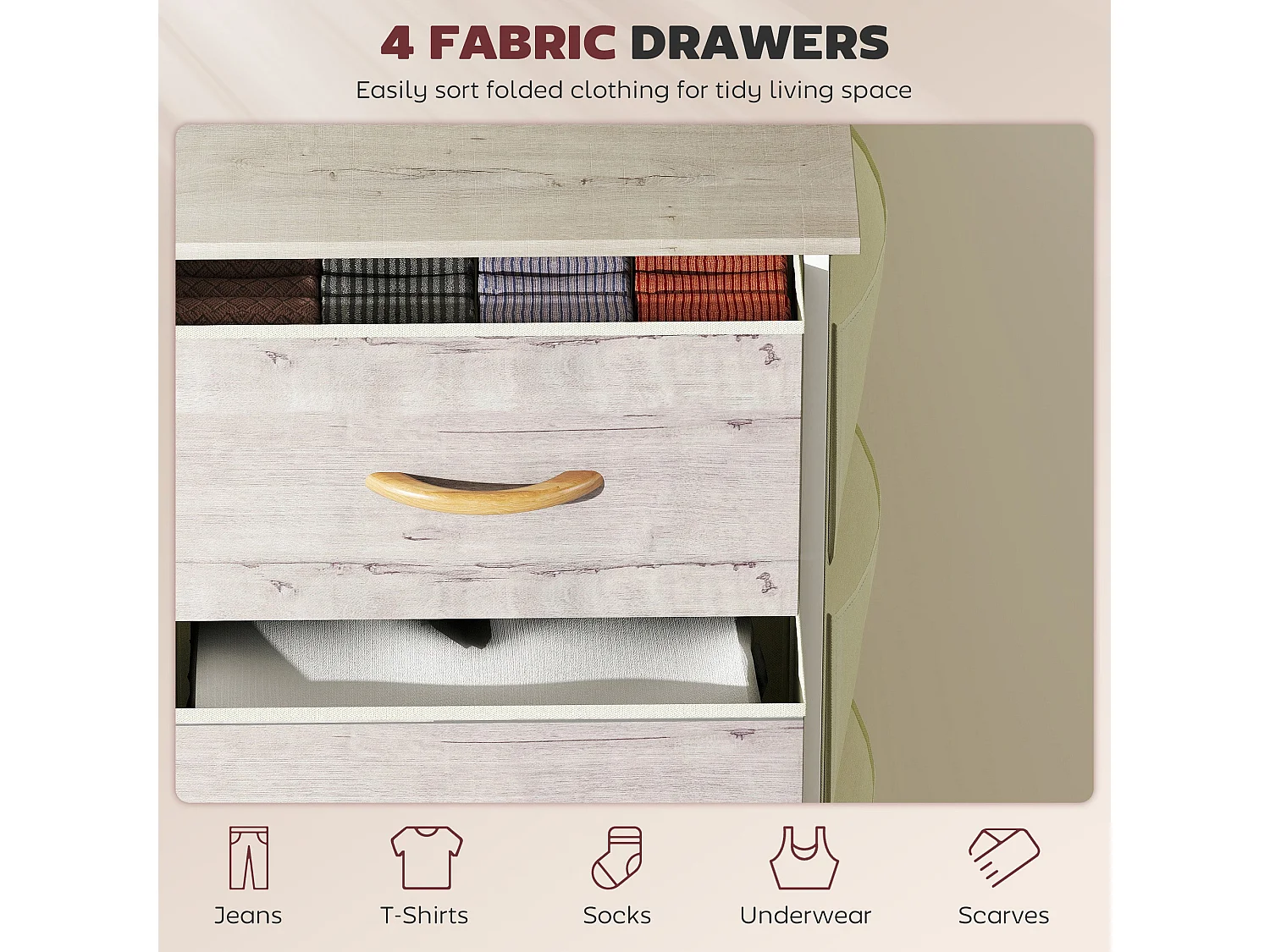 Kosatti 4 Drawer Fabric Storage Chest Natural Wood Finish
