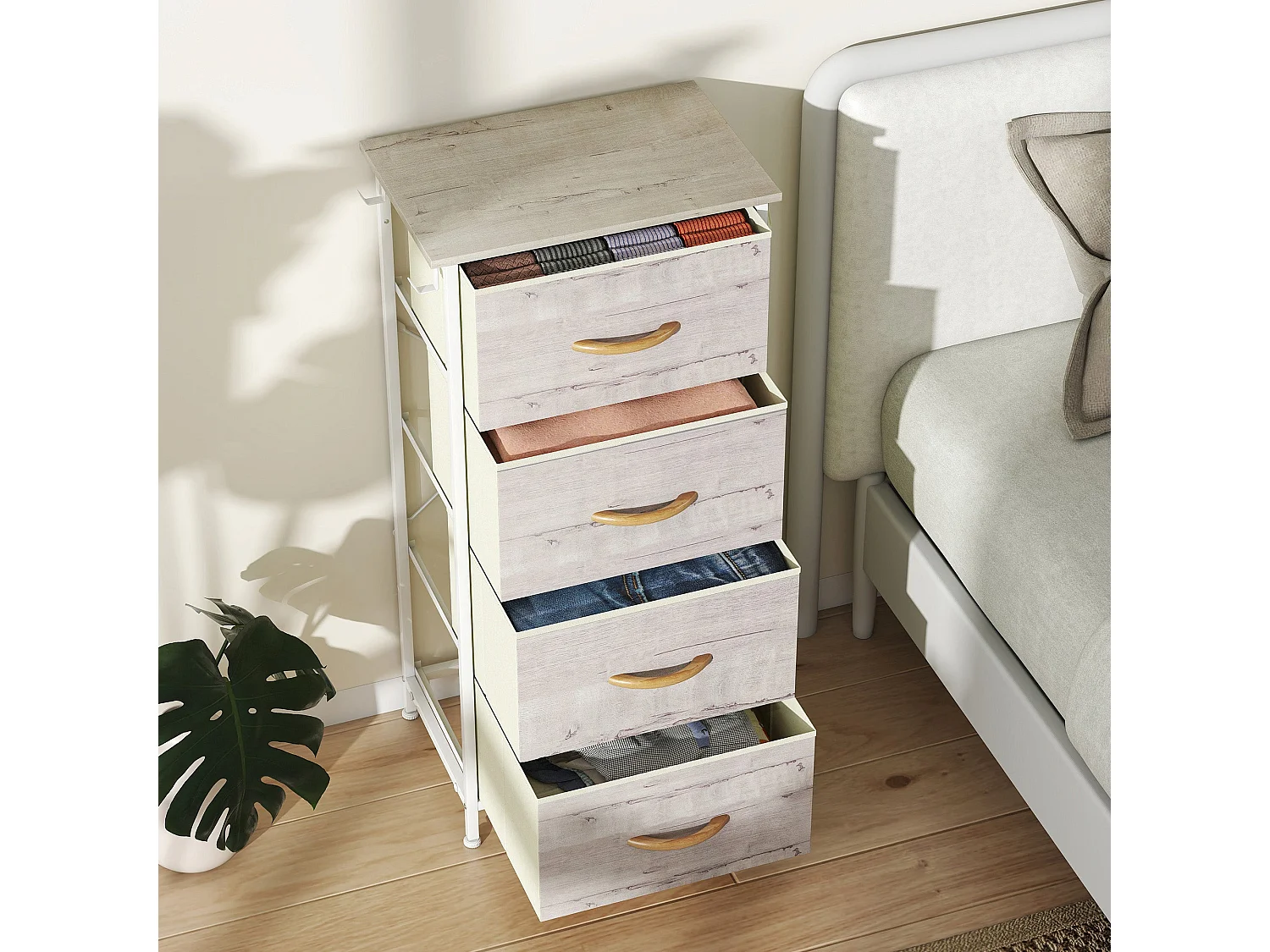 Kosatti 4 Drawer Fabric Storage Chest Natural Wood Finish
