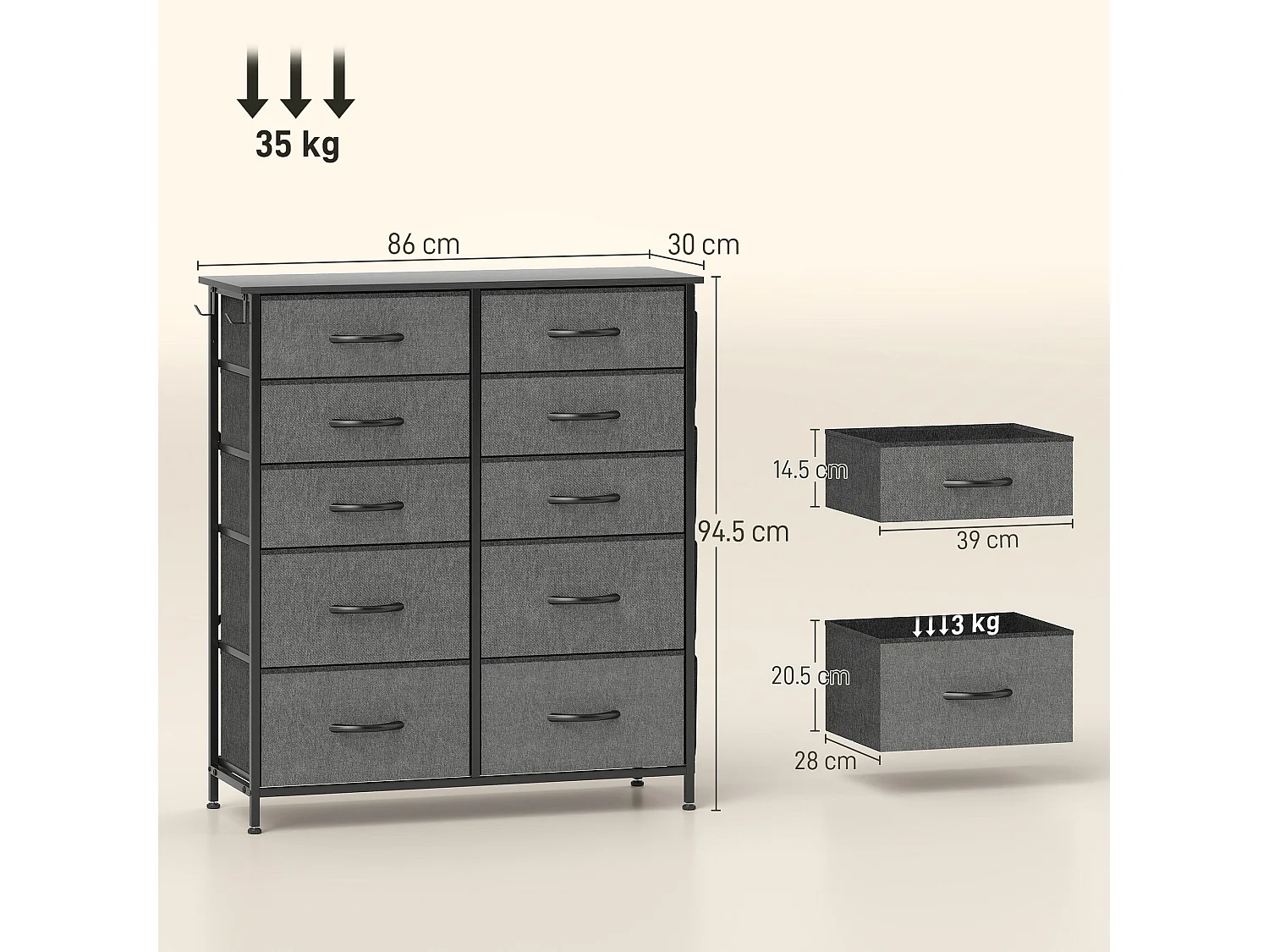 Babara Charcoal Grey Fabric and Metal 10 Drawer Storage Chest