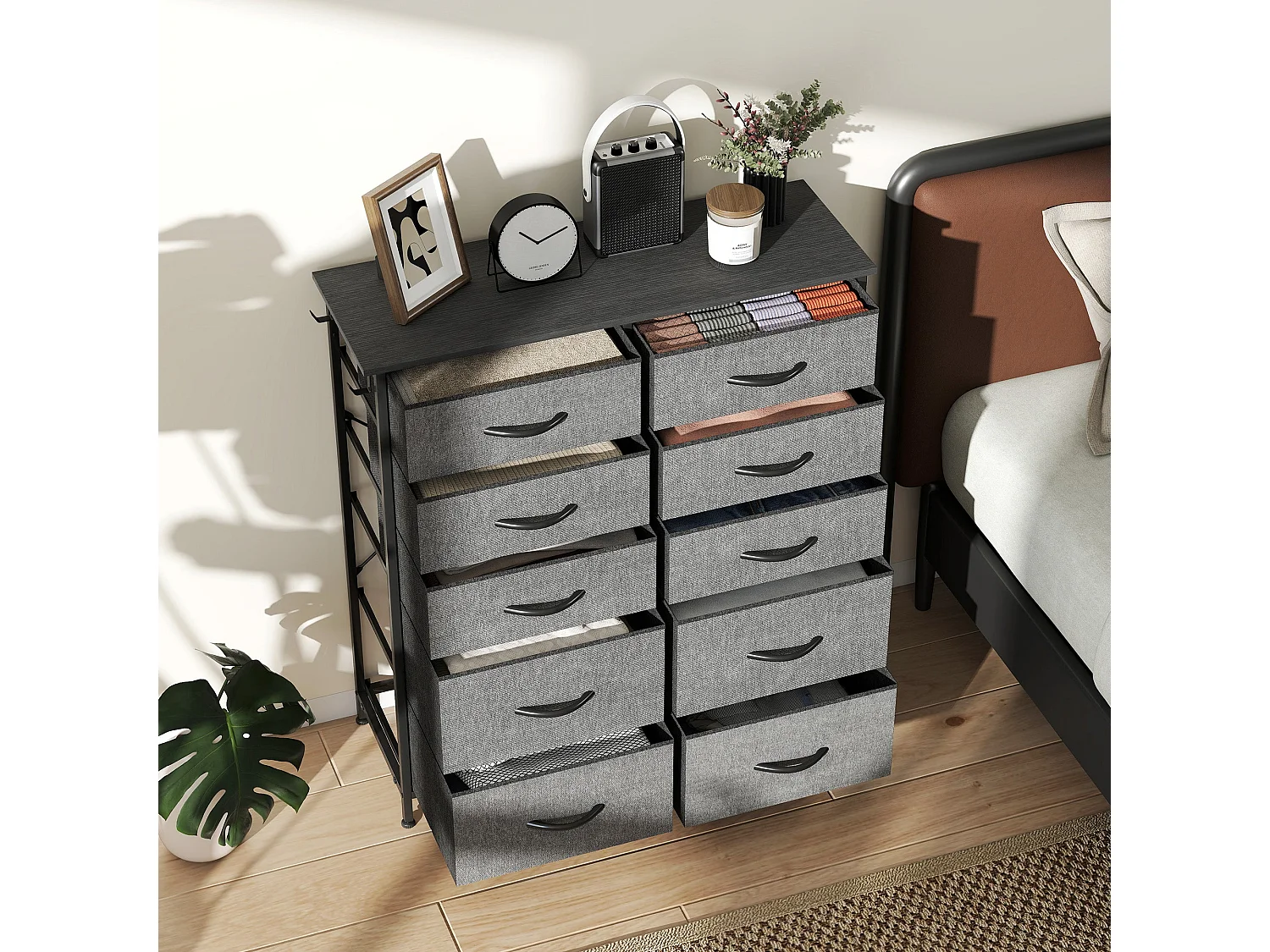 Babara Charcoal Grey Fabric and Metal 10 Drawer Storage Chest