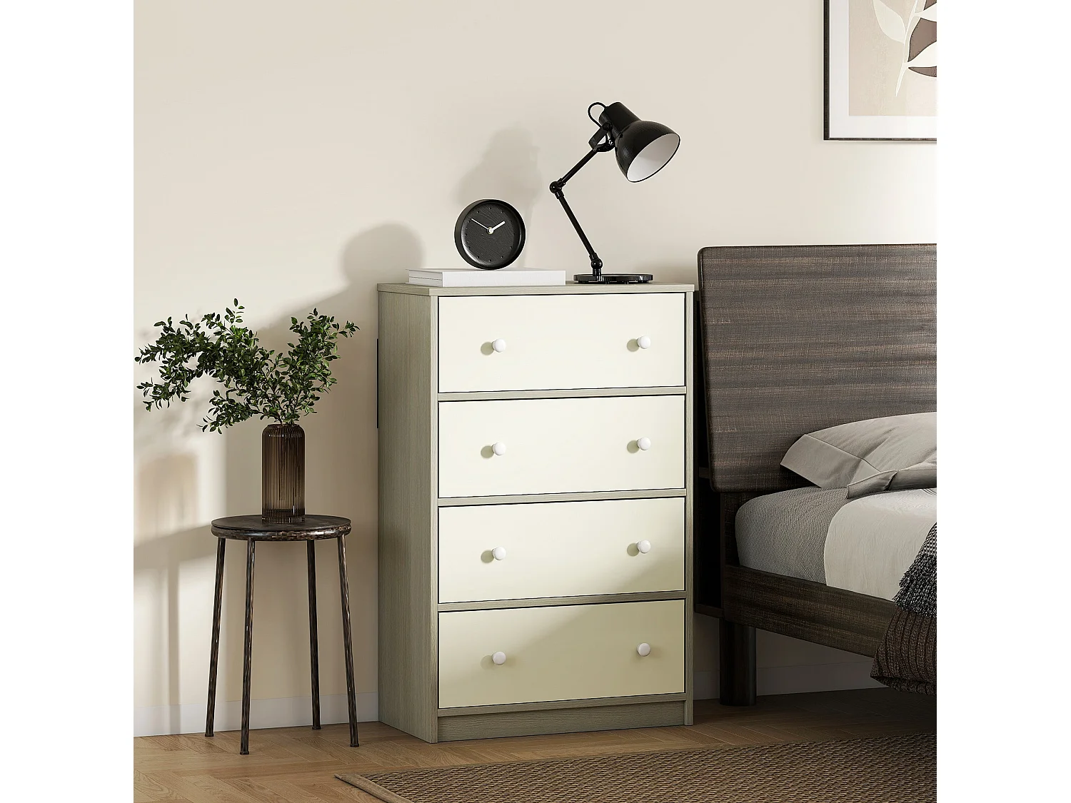 Cottola 4 Drawer Fabric Dresser White and Grey Metal Frame